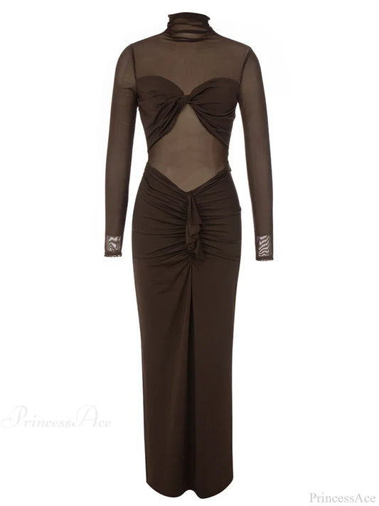 Sexy Turtleneck Mesh Patchwork Folds Brown Long Sleeve Draped Christmas Party Dress / Xs Dresses-L