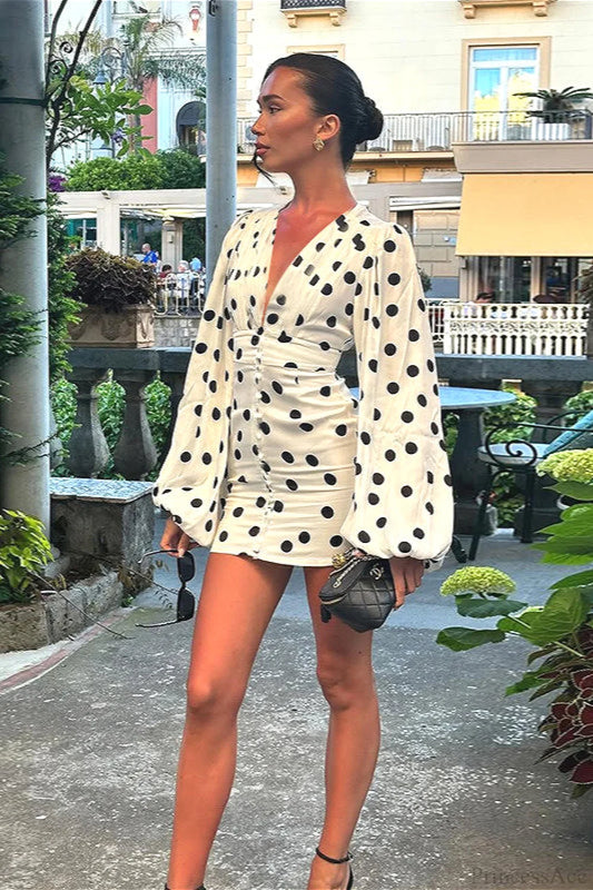 Sexy V Neck Polka Dot Lantern Sleeve Waist Cinching Fitted Mini Dress