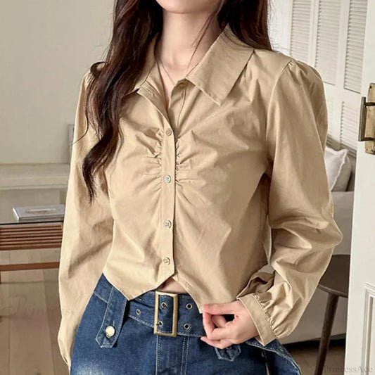 Sexy V-neck Short Sleeve French Style Blouse Khaki / One Size blouse-250126