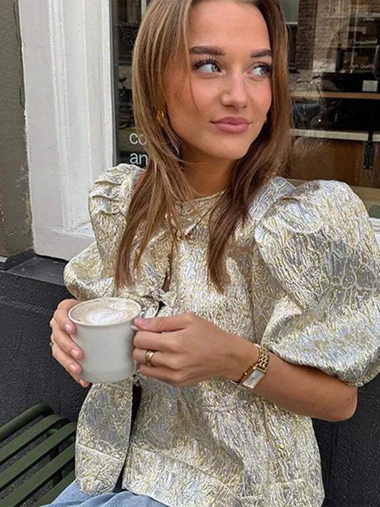 Shimmer Lace-Up Bow Puffy Sleeve Short Blouse blouse-250126