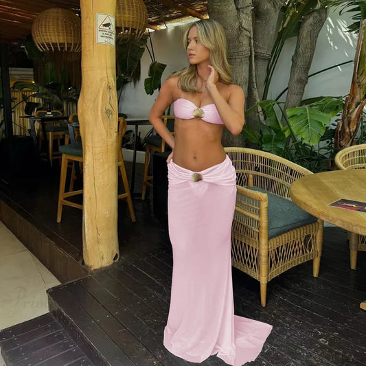 Shiny Print Skirt Three Piece Swimsuit pink / S