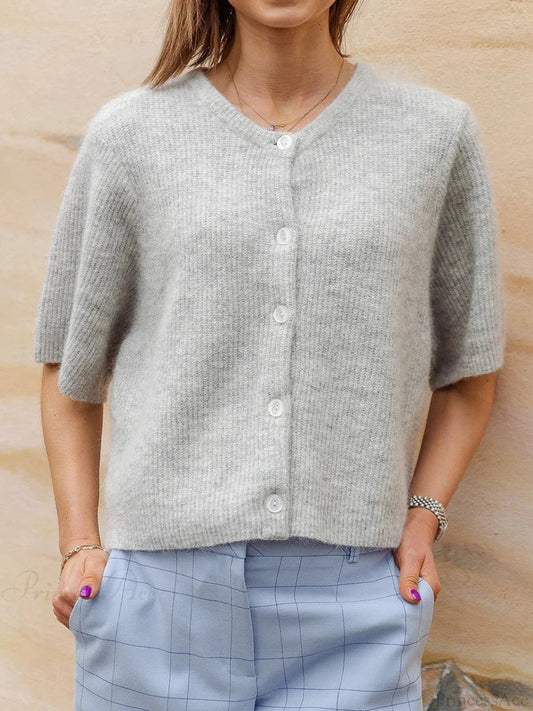 Short Sleeve Round Neck Button-Down Cardigan white / S