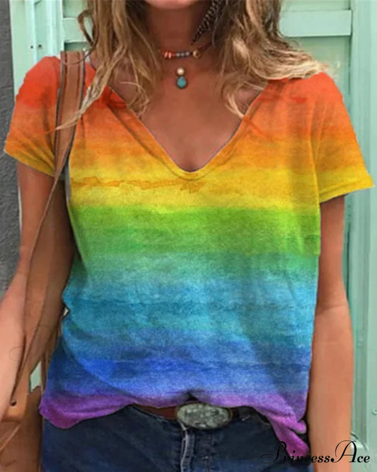 Casual v-neck rainbow print short-sleeved t-shirt Orange 23BF clothes Short Sleeve Tops Summer T-shirts Tops/Blouses