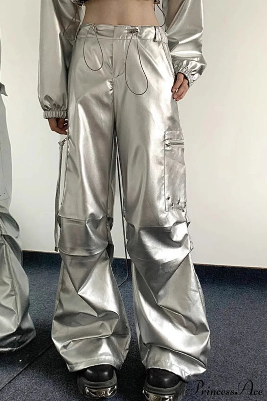 Silver Cuffed High Waist Cargo Pants