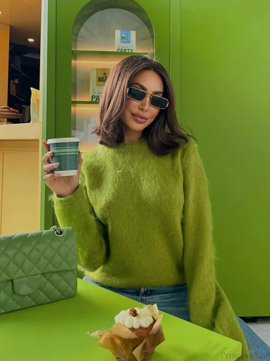 Simple Cashmere Round Neck Sweater Green / S