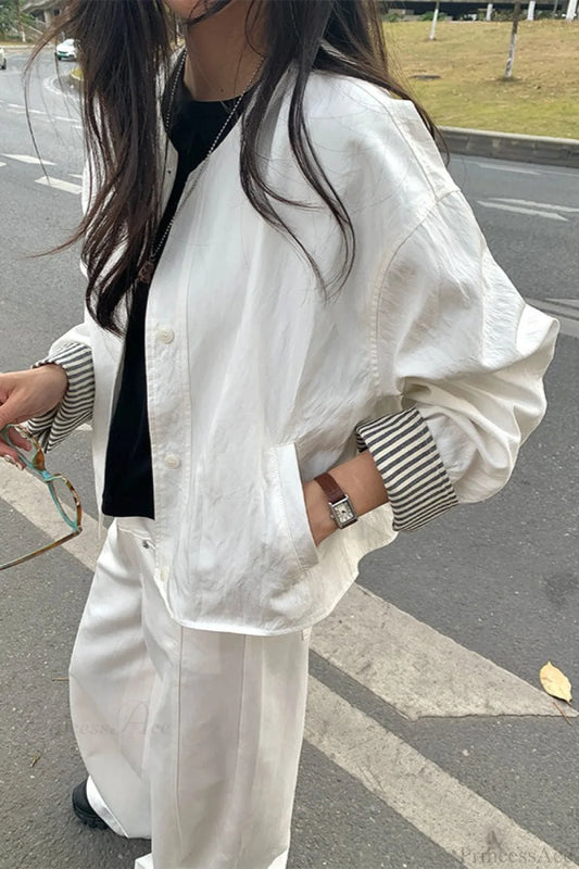 Simple Striped Sleeve Patchwork Casual Jacket White / one size fits all