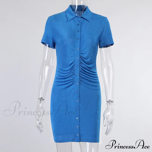 Single-Breasted Blue Short-Sleeved Splicing Lapel Short Casual Bodycon Dress / Xs