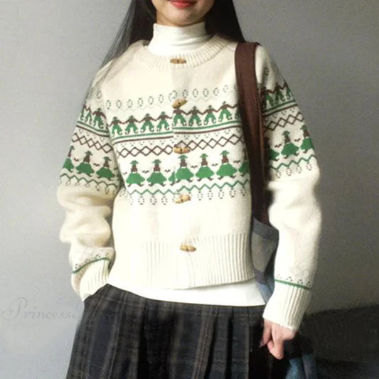 Single Breasted Jacquard Cute Sweet Sweater Beige Apricot / XS