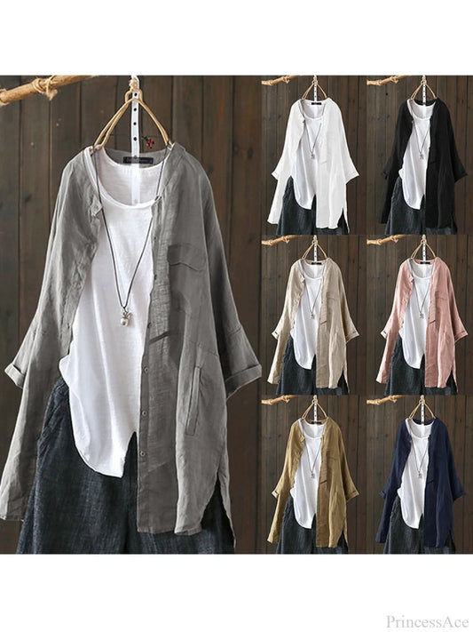 Size Long Arm Vintage Casual Cardigans Women’s Tunic Plus Cotton Button Blouse Tops