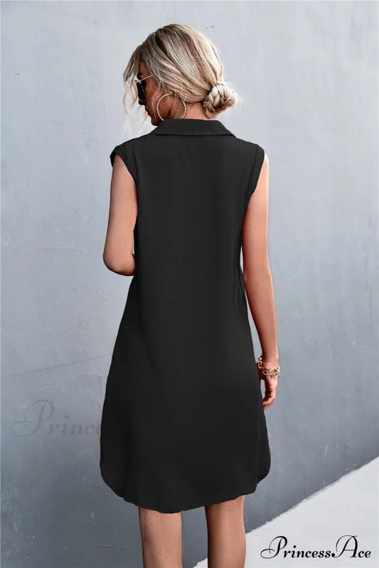 Sleeveless Black Half Button Dress S / Green Black Beach Dress