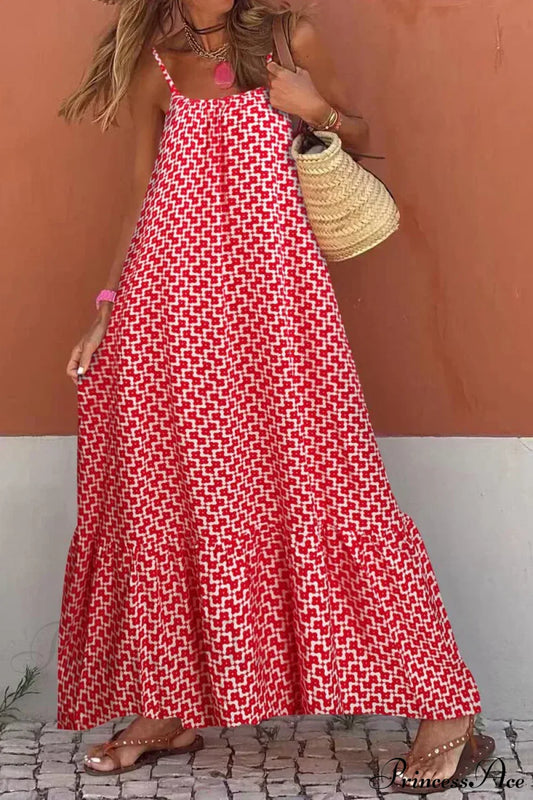 New Sleeveless Print Summer Spaghetti Strap Boho Dress Red / S