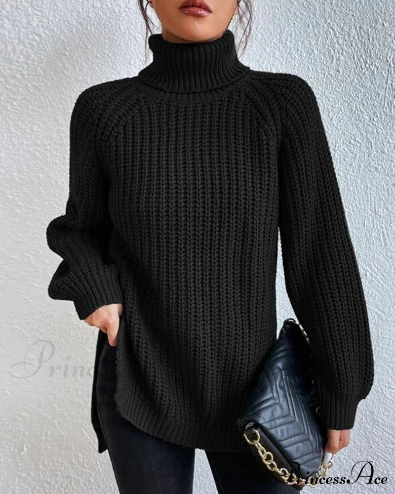 Turtleneck Slit Short Sleeve Sweater