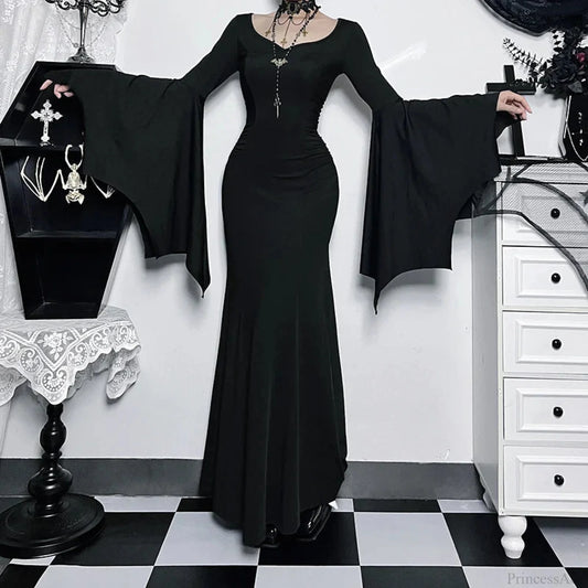 Slender Gothic Autumn Everyday Comfort Long Dress Black / XS
