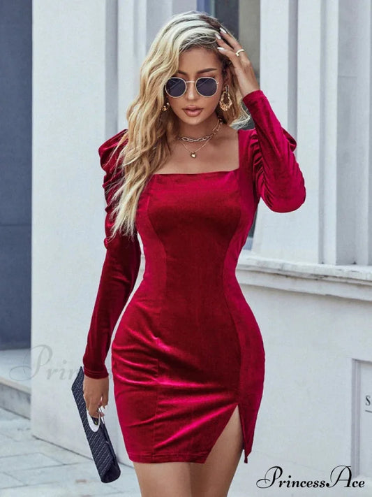 Slim Square Neck Velvet Long Sleeve Dress Xs / Burgundy