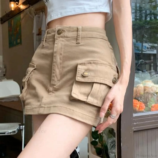 Slip Denim High Waist Skirt Khaki / S skirts-250223