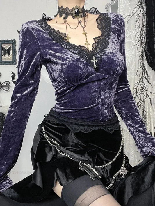 Soft Lace Patchwork Knit Top Purple / XS