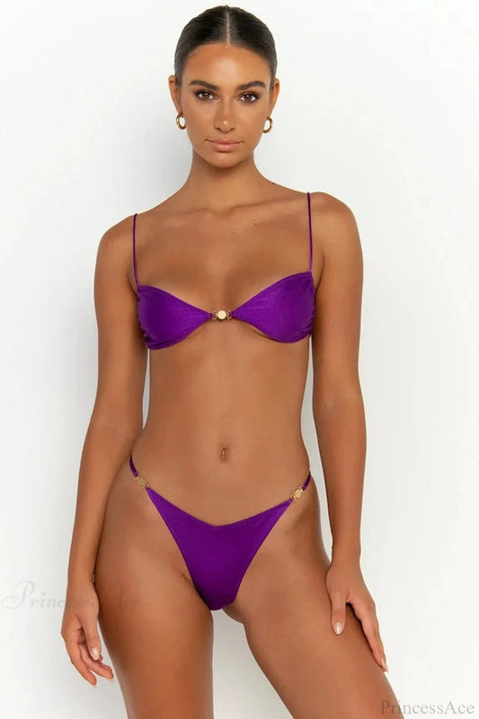 Solid Bikini Set Women Swimsuit With Ties Bikini Set purple / S
