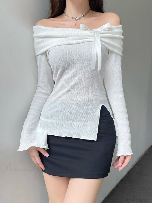 Solid Bow Split Slash Neck Slim Flare Sleeve Long Sleeve Knit Top WHITE / S knittop-250126