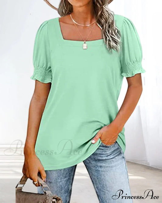 Solid Color Square Neck T-shirt Mint green 23BF clothes Short Sleeve Tops Summer T-shirts Tops/Blouses