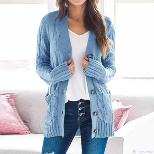 Solid Cable Knit Loose Button Down Cardigan Sky Blue / S cardiagn-250126