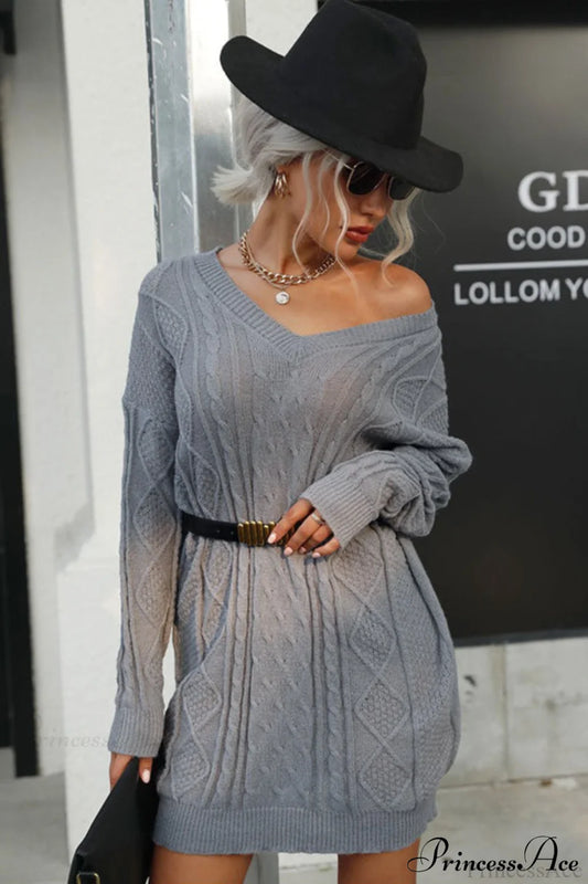 Solid Cable-Knit Wool Women’s Mini Dress Grey / S