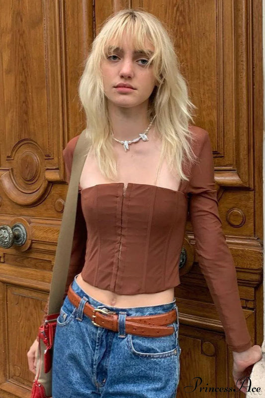 Solid Cardigan Hook Waist Tulle Long Sleeve Crop Top Brown / XS