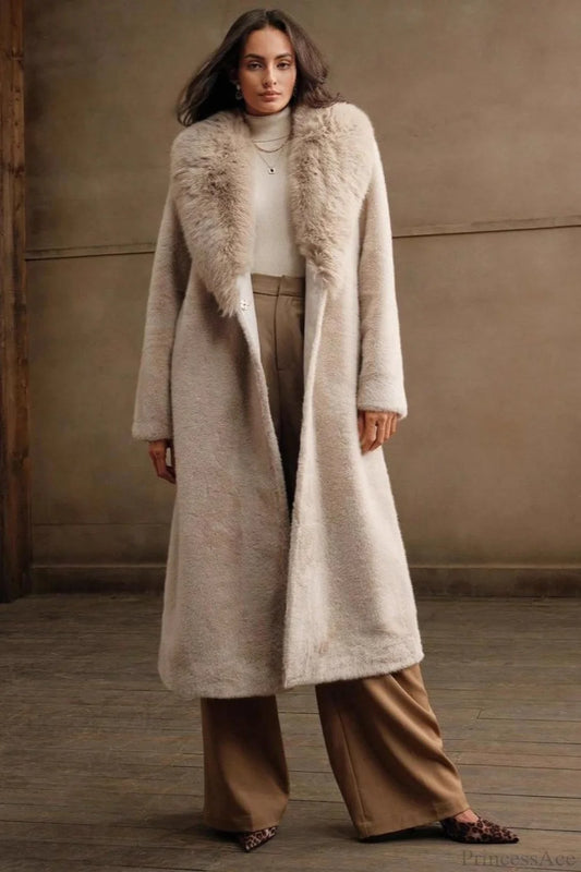 Solid Color Casual Furry Collar Faux Fur Overcoat Khaki / S