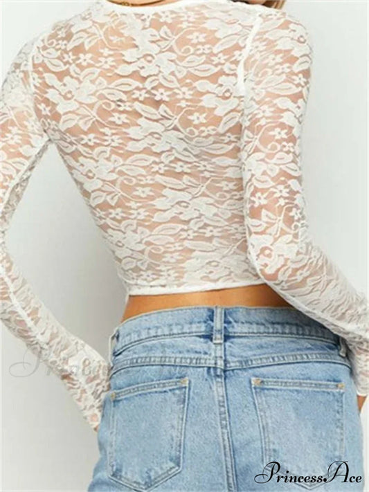 Solid Color Lace Floral Front Cutout Slim Fit T-Shirts