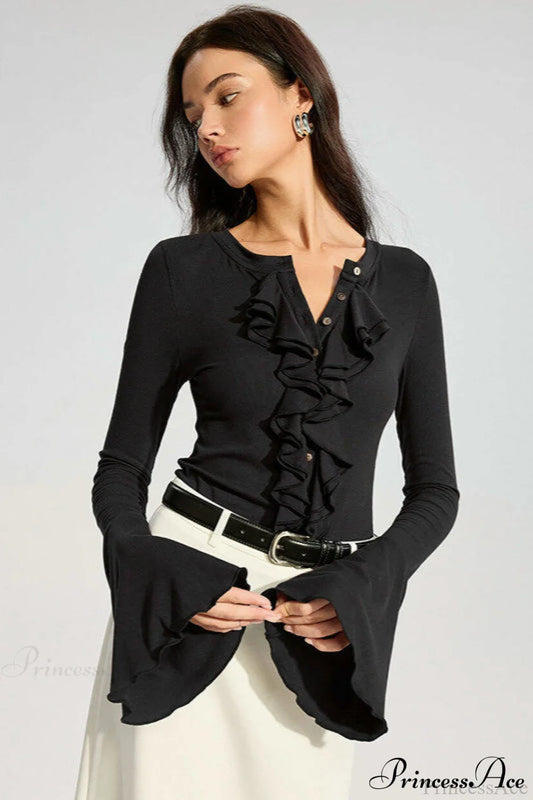 Solid Color Panel Flared Sleeve Ruffled Blouse Black / S