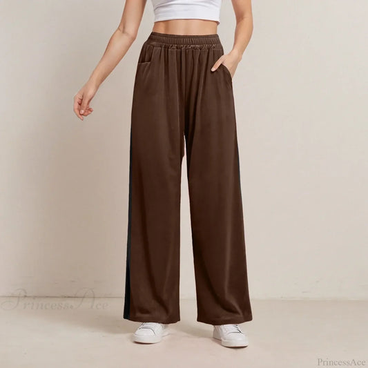 Solid Color Pocket Stretch Casual Pants Brown / S