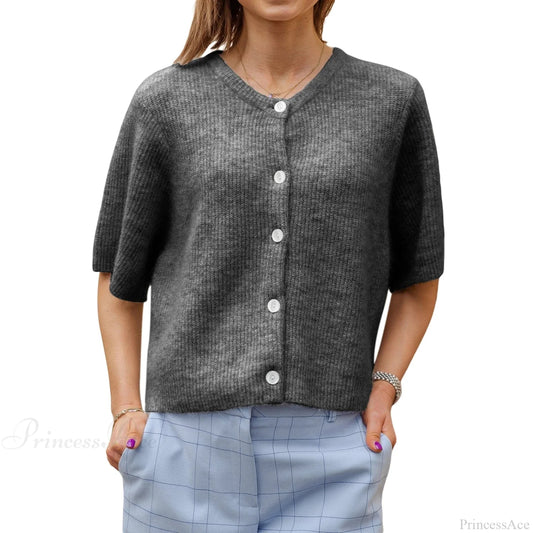 Solid Color Short Sleeve Button Cardigan Dark Grey / S