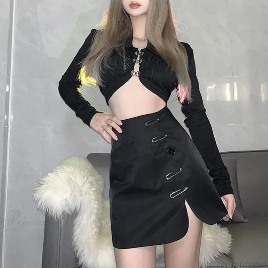 Solid Color Slim Split Mini Skirt black / S