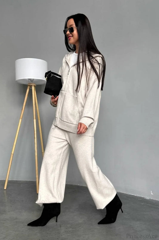Solid Knit hooded Straight-Leg Two Piece Set