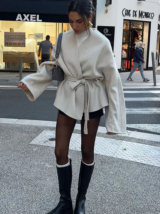 Solid Lace-up V-neck Cardigan Coat Beige / S