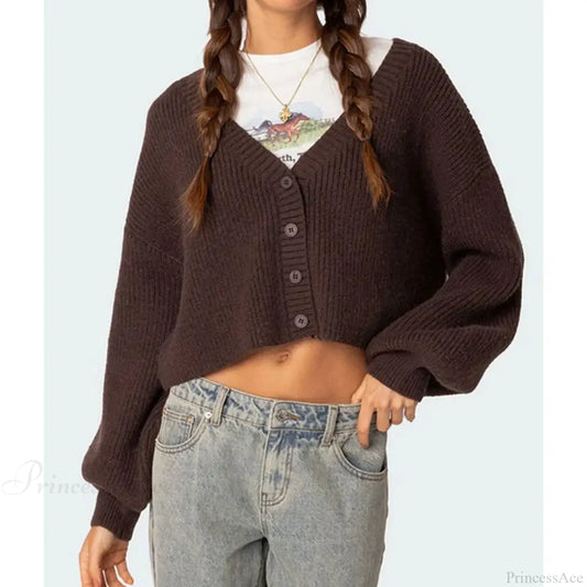 Solid Lantern Sleeve Button Down Knit Cardigan Brown / S cardiagn-250126
