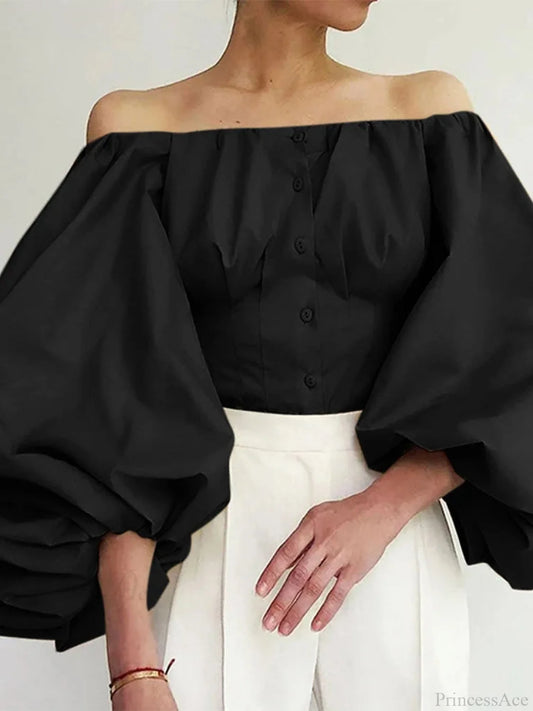 Solid Off-Shoulder Lantern Sleeve Fashion Blouse Black / 2XL blouse-250126