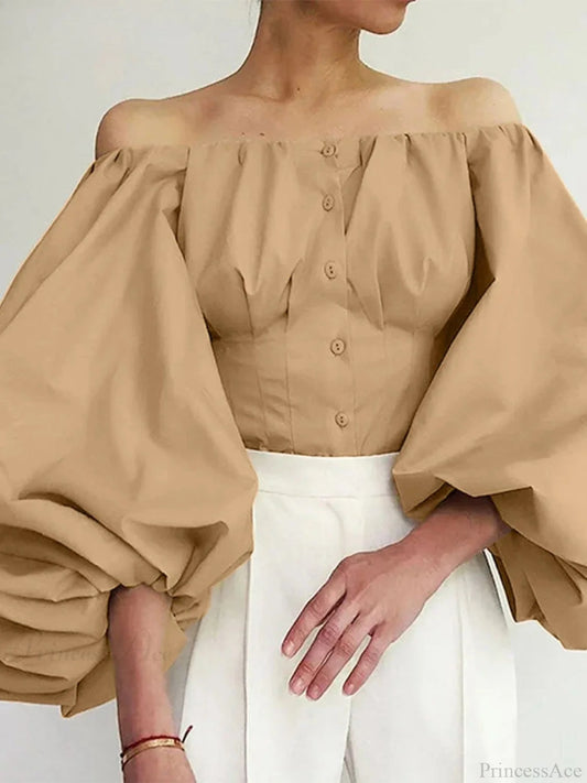Solid Off-Shoulder Lantern Sleeve Fashion Blouse Nude / 2XL blouse-250126