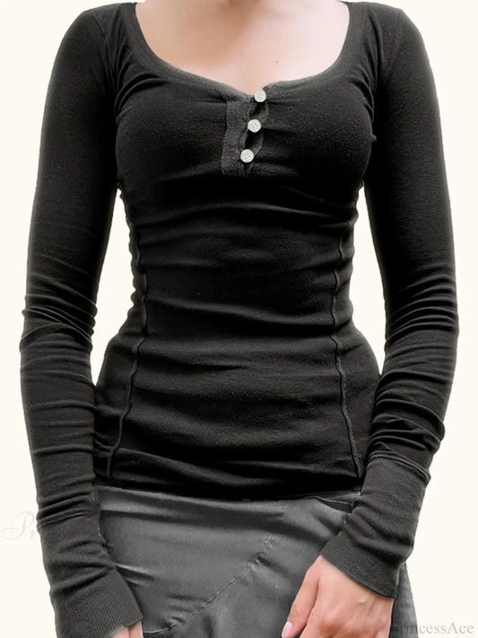 Solid Patchwork Slim O-Neck Long Sleeve Knit Top Black / S knittop-250126