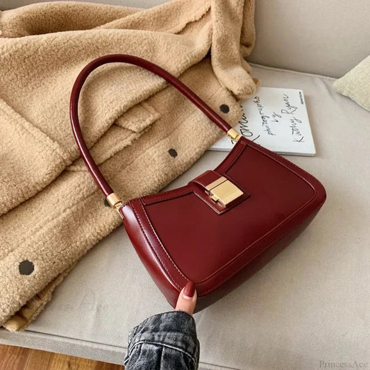 Solid PU Leather Trendy Lock Shoulder Bag Red shoulder-250126