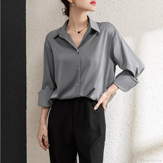 Solid Satin Drape Loose Long Sleeve Office Lady Blouse Silver / S blouse-250126