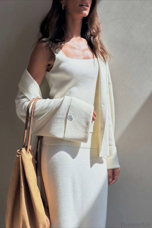 Solid Soft Minimalist Knit Cami Midi Skirt Three Piece Set White / S