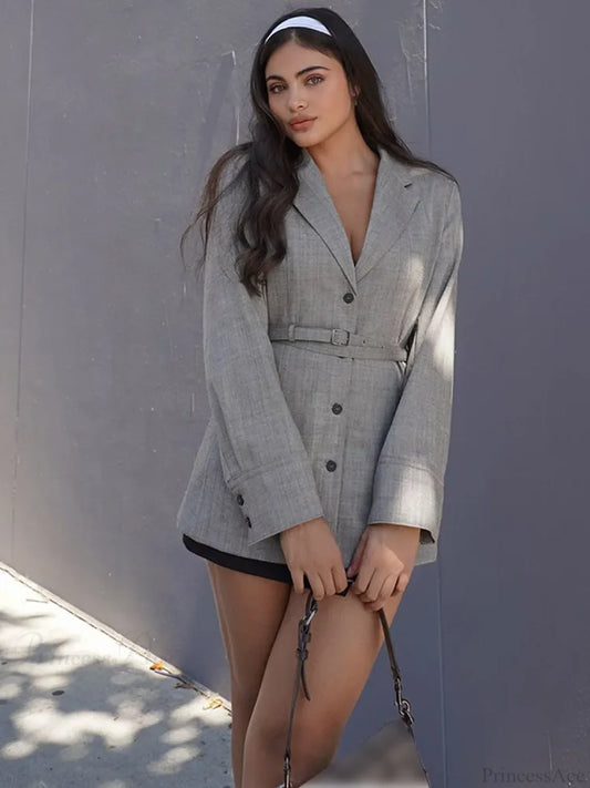 Solid Suit Coat with Belt V-neck Lapel Coat Grey / S