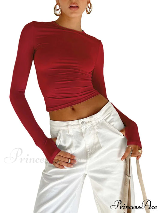 Women's solid color bottoming round neck T-shirt hot girl slimming long-sleeved top T-shirt Red clothes long sleeve long sleeve shirt long sleeve shirts long sleeve top long sleeve tops shirts tops Tops/Blouses