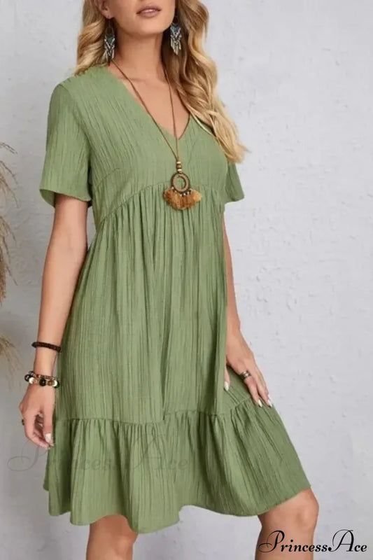 Solid V-Neck Short Sleeve Ruffles Boho Dress Green / S