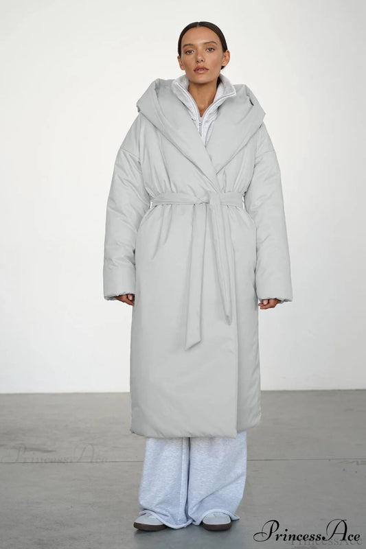 Solid Warm Long Hooded Belted Cotton Puffer Overcoat Light Gray / S