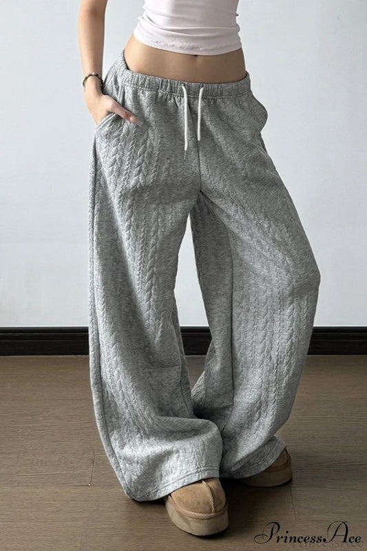 Solid Warm Wide Leg Tie Waist Pants Grey / S