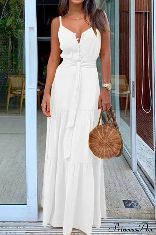 Spaghetti Strap Button Bandage Maxi Dress S / White Causal Yellow Maxi Dress