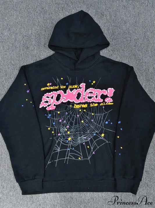 Spider Web Letter Print Fleece Cotton Thick Hoodie S / Black