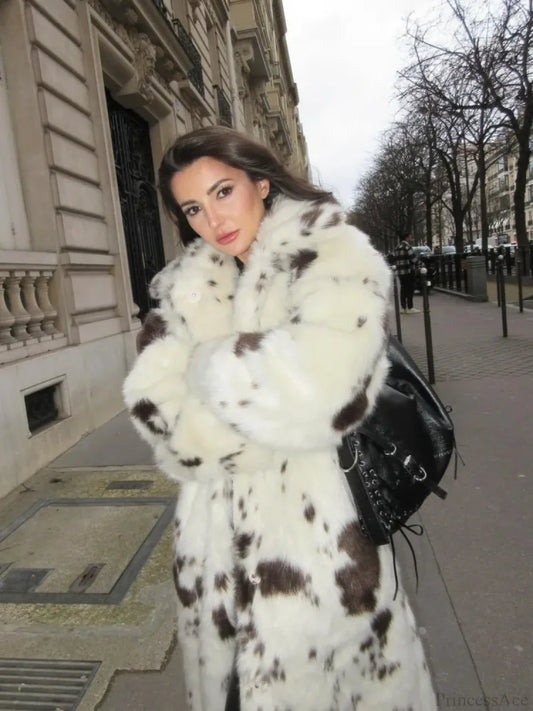 Spotted Leopard Suit Collar Fluffy Coat white / XS