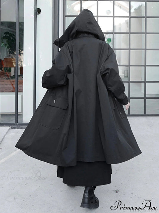 Spring Autumn Long Oversized Black Hood Dark Aesthetic Luxury Designer Stylish Coat